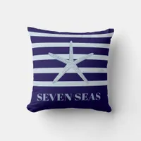 Blue starfish stripes text coastal throw pillow