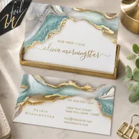 Foil Accents Luxe Opal Teal Gold Fluid Alcohol Ink Business Cards
