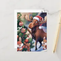 Cartoon Funny Moose Decorating the Christmas Tree  Postcard