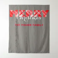 Merry Christmas Red Festive Plaid Script On Wood Tapestry