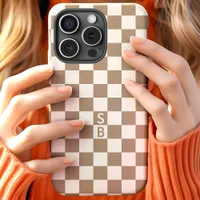 Personalized Mocha White Checkerboard Monogram iPhone 15 Case