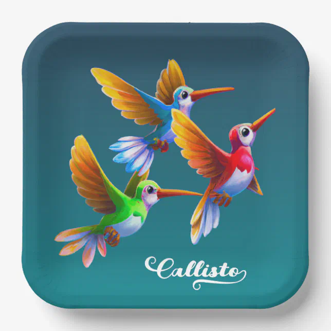 Colorful Hummingbirds in Flight Paper Plates