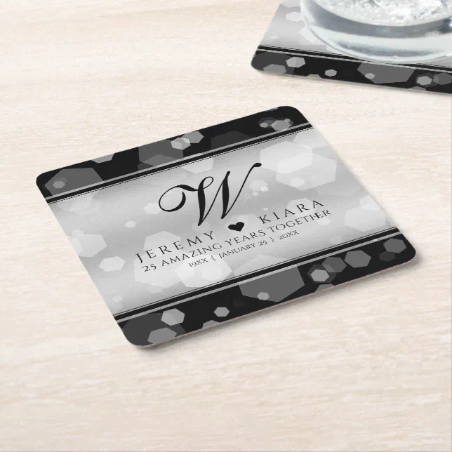 Elegant 25th Silver Wedding Anniversary Square Paper Coaster