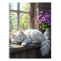 Napping White Cat and Purple Flowers  Notebook