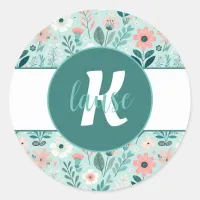 Pretty Blue and Pink Pastel Folk Art Flowers Classic Round Sticker