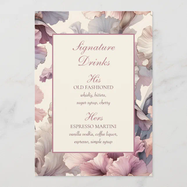 Elegant Floral Wedding Signature Drinks Bar Menu