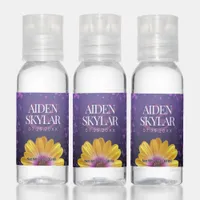 Elegant Golden Daisy with Purple Glitter Wedding Hand Sanitizer