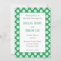 Cheerful Whimsy Green Polka-Dot Twin Baby Blessing Invitation