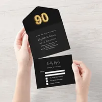 90th birthday black gold rsvp all in one invitation