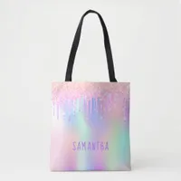 Glitter pink iridescent rainbow rose gold monogram tote bag