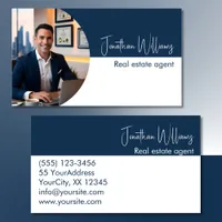 Modern real estate agent round photo blue white business card