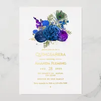 Navy Blue and Gold Vintage Peacock Quinceañera Foi Foil Invitation
