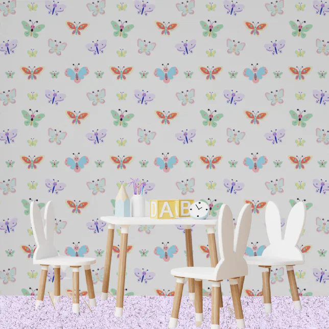 Colourful Rainbow Kids White Butterfly Wallpaper