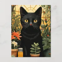 Black Cat Still Life Poses in Flowers Painting Postcard