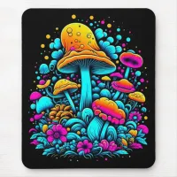 Retro Neon Mushrooms and Flowers Ai Art Mouse Pad