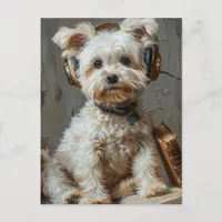 Adorable Maltese Reading and Listening to Music Postcard