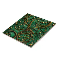 Beautiful Green & Gold Floral and Beads Abstract Ceramic Tile