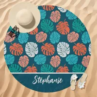 Teal and Coral Tropical Monstera Leaf Custom Name Beach Towel