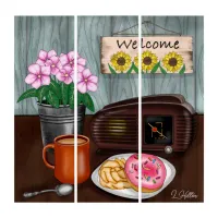 Welcome, Sunflowers, Donuts and Coffee Triptych