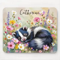 An Adorable Skunk Napping in Flowers Personalized Mouse Pad