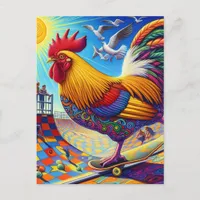 Skateboarding Surreal Colorful and Fun Rooster Postcard