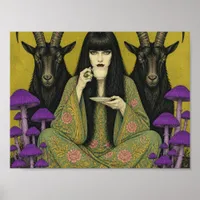 Woman Drinks Tea With Two Black Goats Poster