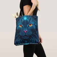 Cosmic Guardian Cat – Neon Galaxy Mandala Tote Bag