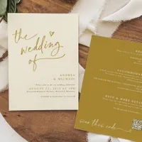 Modern Gold and Cream Handwriting Heart Wedding Invitation