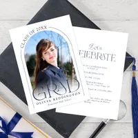 Modern Minimal Navy Blue Arch Photo Grad Party Invitation