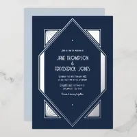 Navy Ink & Silver Gatsby Art Deco Wedding Foil Invitation