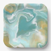 Sandy Brown Ocean Blue Marble Fluid Art  Paper Plates