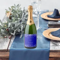 Wedding royal blue silver glitter bride groom sparkling wine label