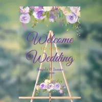 Purple Gold Watercolor Floral Welcome Wedding Acrylic Sign