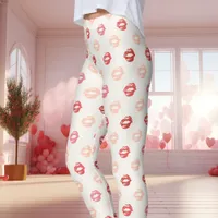 Red and Pink Lipstick Kiss Print Leggings