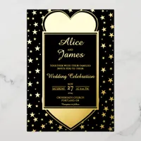 Heart Star Frame Elegant Black Gold Foil Wedding Invitation