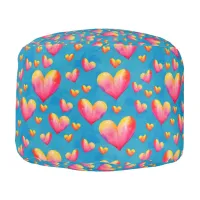 Multicolored Watercolor Hearts Round Pouf