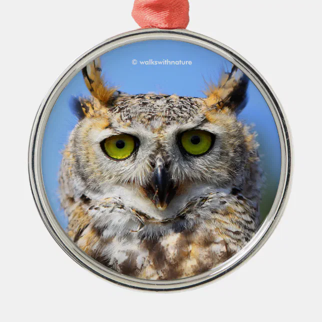 Staring Contest with a Beautiful Great Horned Owl Metal Ornament