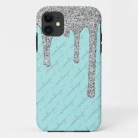 Luxury Teal Silver Glitter Drips Script Name iPhone 11 Case