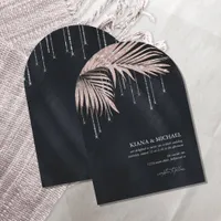 Jewel Palm Leaf Wedding Rose Gold/Navy Arch ID830 Invitation