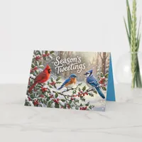 Season's Tweetings Colorful Birds on Snowy Holly Card
