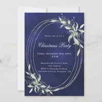 Navy blue silver greenery Christmas Party Invitation