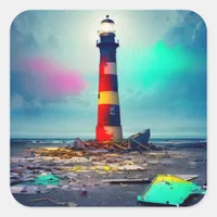 Dilapidated Lighthouse in Colorful Wreckage Square Sticker