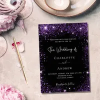 Black purple glitter elegant wedding invitation postcard