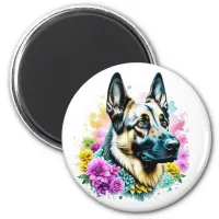 German Shepherd and Flowers ai art   Magnet