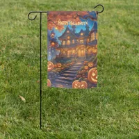 Spooky villa in the forest, pumpkins, Halloween Garden Flag