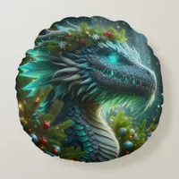 Magical Turquoise Christmas Dragon Round Pillow