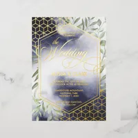 Modern Watercolor Foliage Bold Geometric Frame Foil Invitation