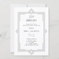 Art Deco white silver 25th wedding anniversary Invitation