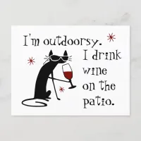 Outdoorsy Patio Wine Quote with Black Cat Postcard