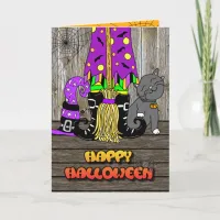 Happy Halloween Whimsical Witch, Broom and Cat Holiday Card